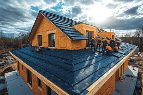 Roofing crew installing new residential roof